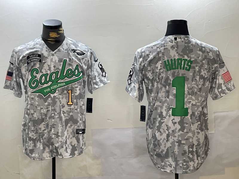 Mens Philadelphia Eagles #1 Jalen Hurts Arctic Camo 2024 Salute to Service Stitched Baseball Jerseys